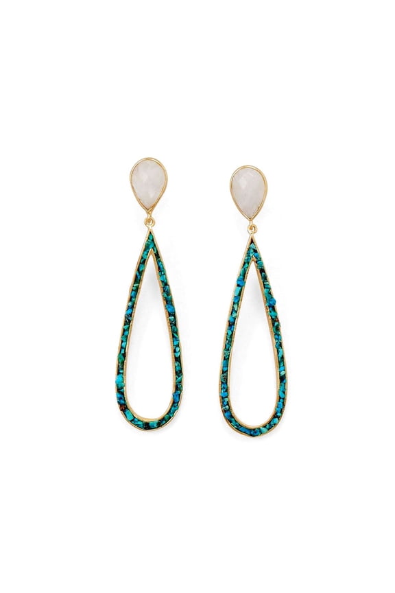 14k Gld Plated 925 Sterling Silver Rainbow Celestial Moonstone and Turquoise Chip Post Earrings Edge of Large Pea Stud E