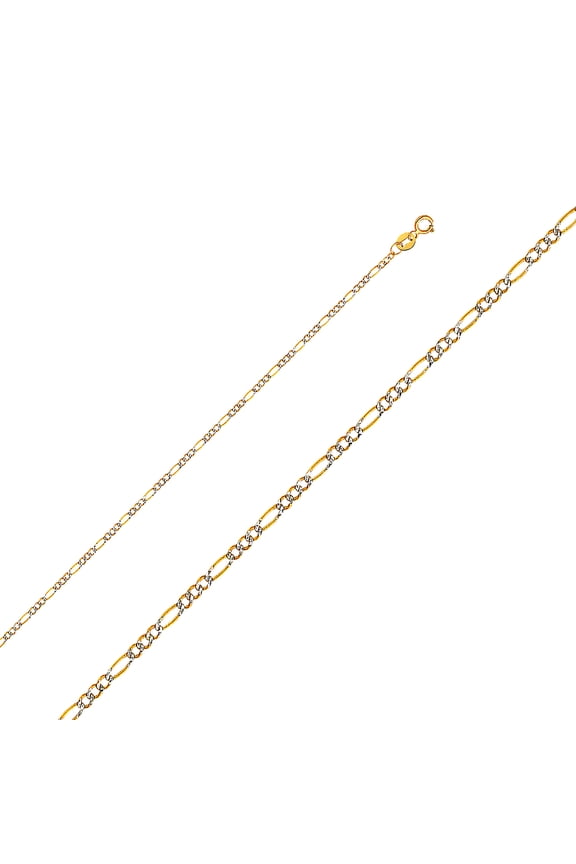 14k Gold 1.8mm Light Figaro With Rhodium Pave Chain Necklace 3 Plus 1 Links 16 Inch Chain Necklace for Women and Men