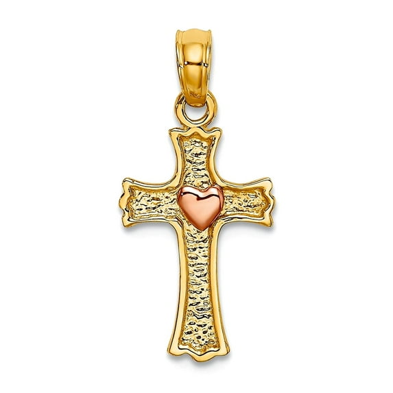 14k Gold 10mm Religious Faith Cross With Pink Love Heart Textured Cross Pendant Necklace for Women