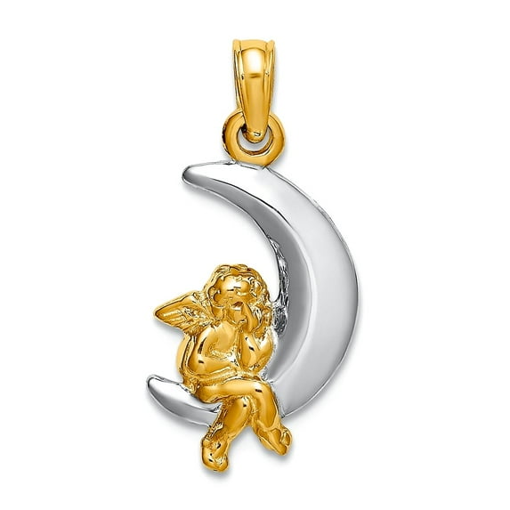 14k Gold 11mm 3-d Yellow Religious Guardian Angel Sitting White Celestial Moon Charm Pendant Necklace for Women