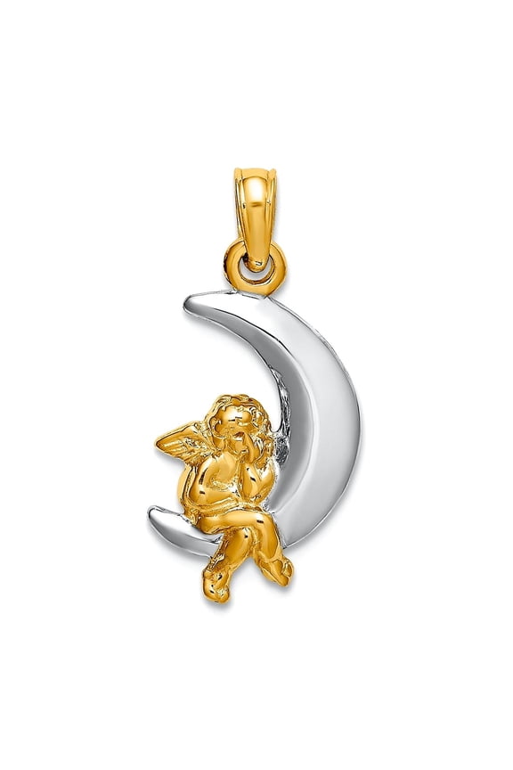 14k Gold 11mm 3-d Yellow Religious Guardian Angel Sitting White Celestial Moon Charm Pendant Necklace for Women
