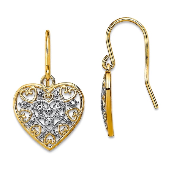 14k Gold 13mm Love Heart Cut-out Filigree and White Accent Wire Earrings 21x13mm Wide Stud Earring for Women