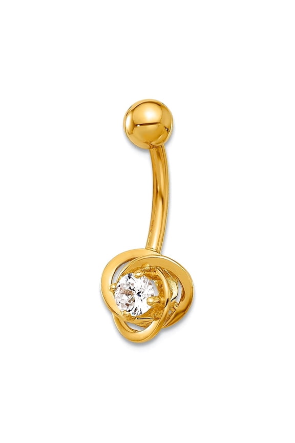 14k Solid Yellow Gold 14 Gauge Polished Cubic Zirconia Love Knot Navel Belly Ring 22.4mm Long Body Piercing Ring for Wom