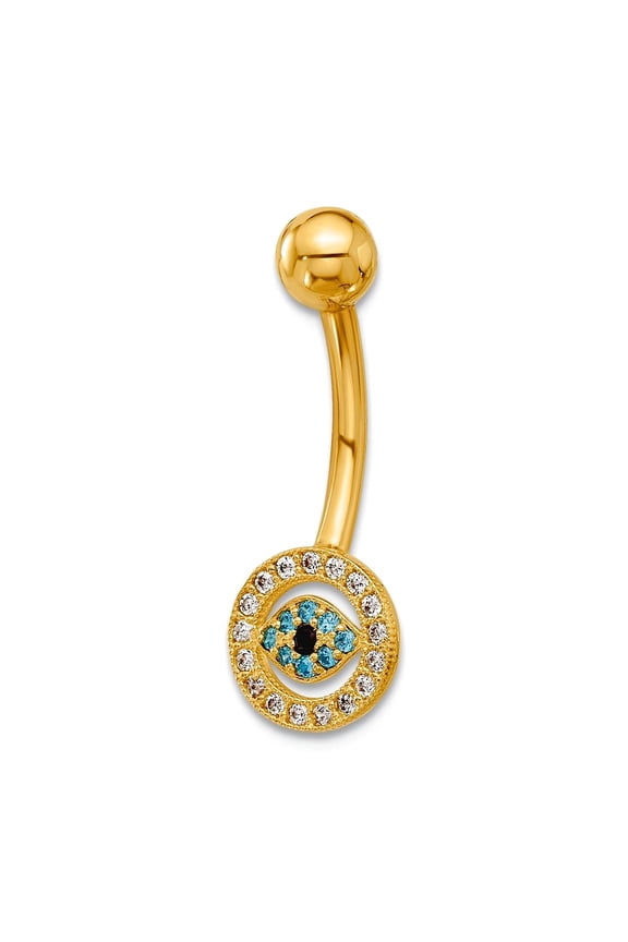 14k Solid Yellow Gold 14 Gauge Polished Multi-color Cubic Zirconia Evil Eye Navel Belly Ring 23mm Long Body Piercing Rin