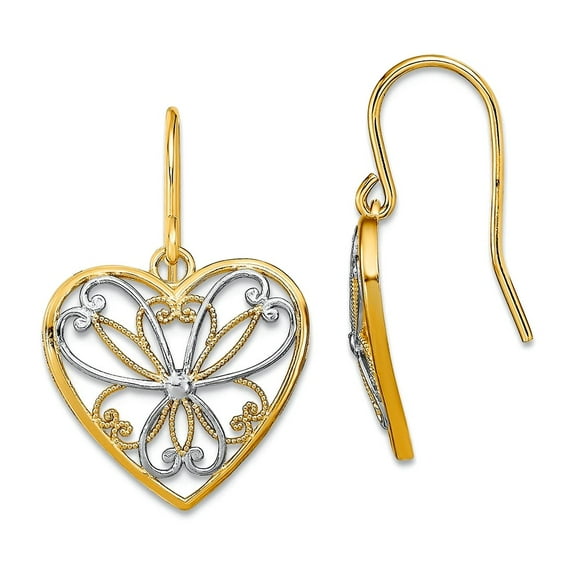 14k Gold 16mm Love Heart With White Filigree Center Wire Earrings Two-color 25x16mm Wide Stud Earring for Women