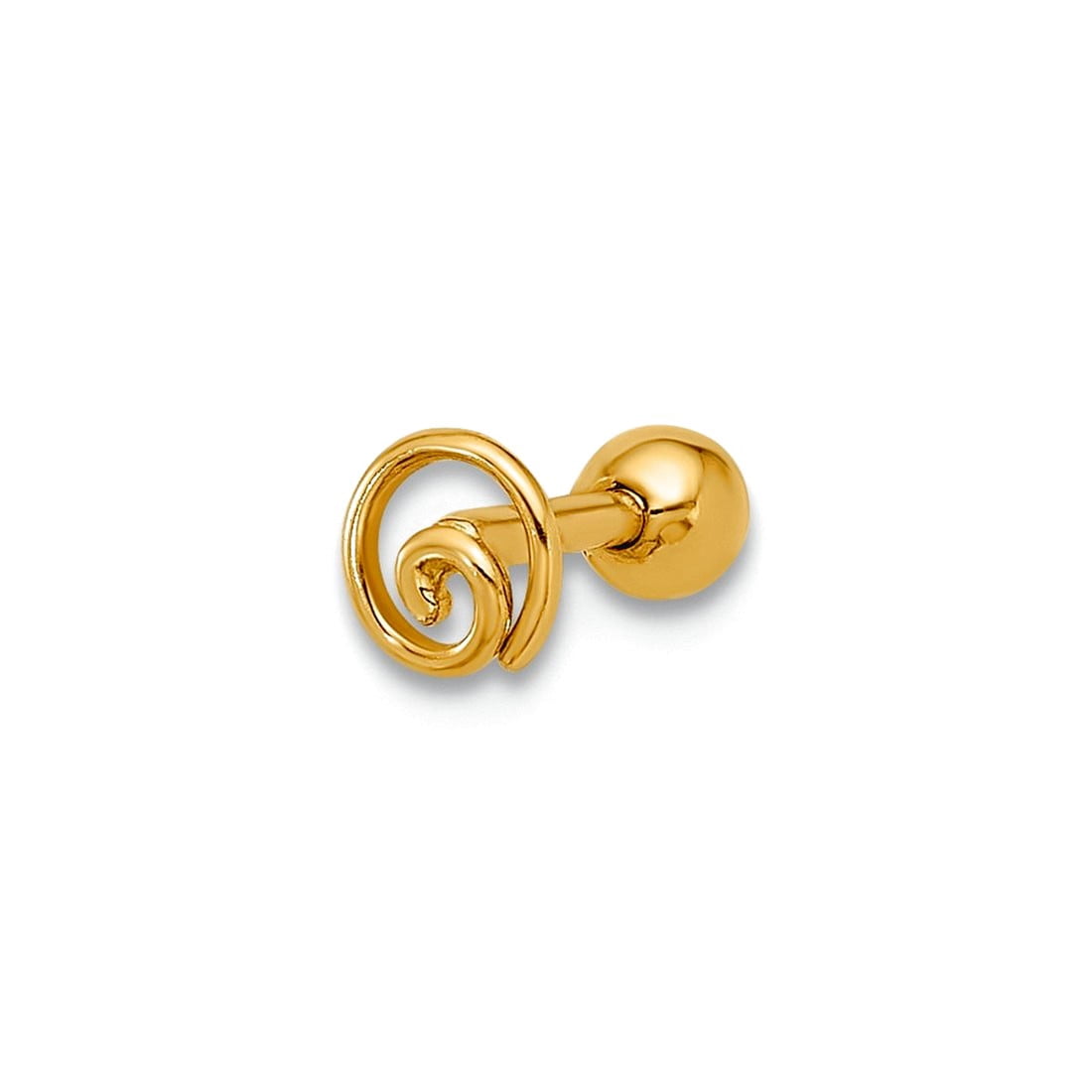 14k Solid Yellow Gold 18 Gauge Polished Swirl Cartilage Stud 9.4mm Long Body Piercing Stud for Women