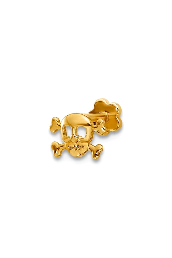 14k Solid Yellow Gold 18 Gauge Skull and Religious Faith Crossbones Screw Back Cartilage Body Jewelry 9mm Long Body Pier