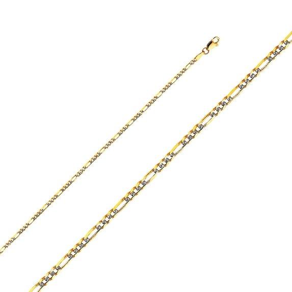 14k Gold 2.3mm Light Figaro With Rhodium Pave Chain Necklace 3 Plus 1 Links 24 Inch Chain Necklace for Women and Men