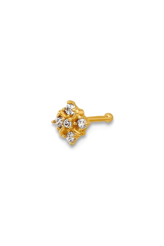 14k Solid Yellow Gold 20 Gauge Polished Cubic Zirconia Nose Stud 9mm Long Body Piercing Stud for Women
