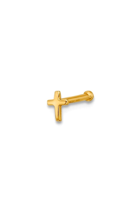 14k Solid Yellow Gold 20 Gauge Polished Religious Faith Cross Pendant Necklace Nose Stud 9.56mm Long Body Piercing Stud