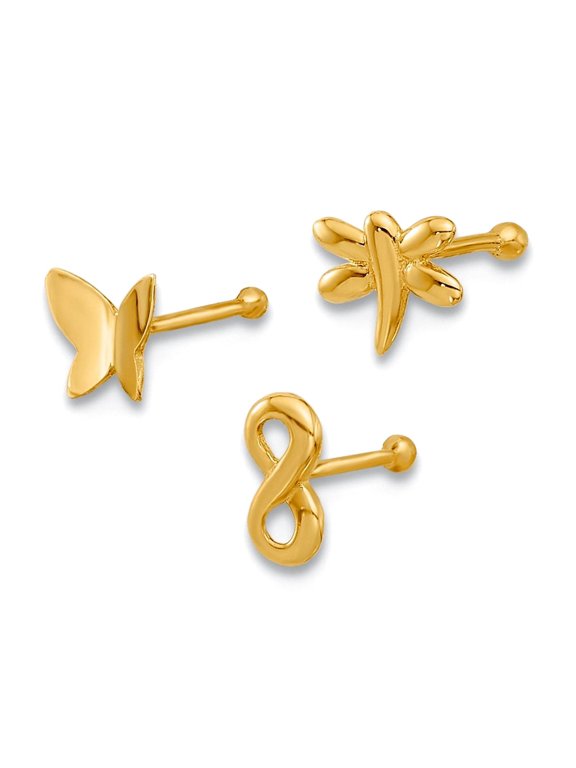 14k Solid Yellow Gold 22 Gauge Polished Infinity Symbol Dragonfly and Butterfly Angel Wings Nose Stud 8.5mm Long Body Pi