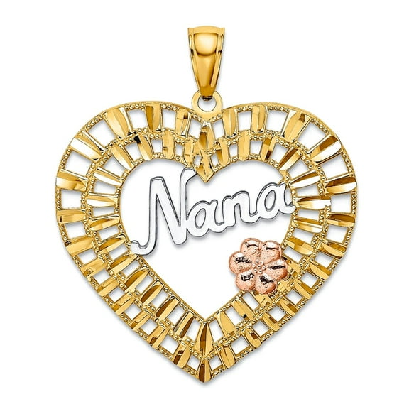 14k Gold 27mm Nana With Pink Flower In Sparkle-Cut Love Heart Pendant Necklace Cut-out / Tri-color Pendant for Women