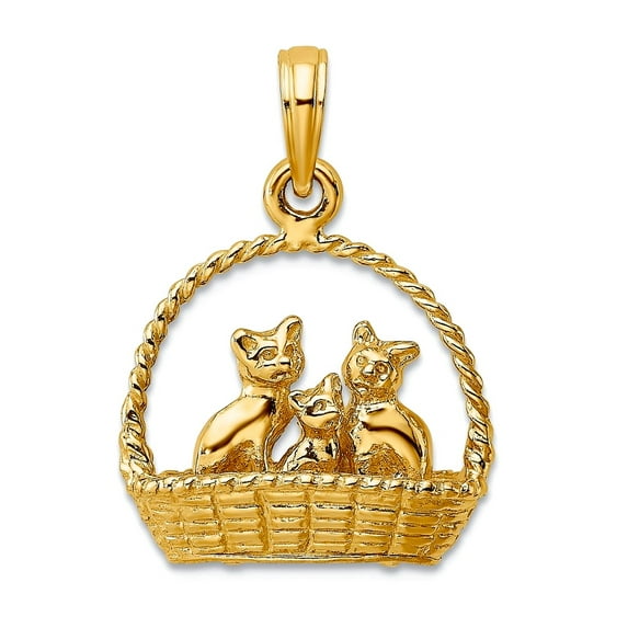 14k Gold 3-d Cats Inside Basket Charm 22.1x16.6mm Wide Pendant Necklace for Women - 3.8 Grams