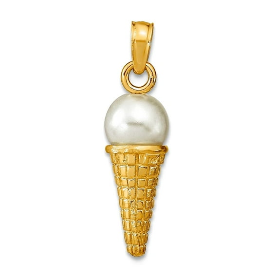14k Gold 3-d Vanilla Ice Cream Cone Pendant Necklace With White Bead 16.15x6.05mm Wide 6.05mm Thick Pendant for Women
