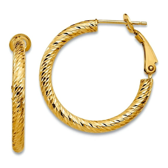 14k Solid Yellow Gold 3x20 Sparkle-Cut Round Omega Back Hoop Earrings 26x25.5mm Wide 3mm Thick Hoop Earring for Women