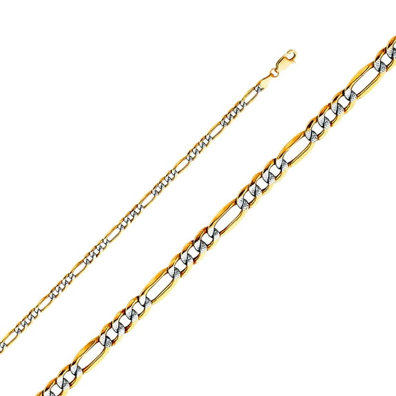 14k Gold 4.4mm Hollow Figaro With Rhodium Pave Chain Bracelet 3 Plus 1 Links 7.5 Inch Link Bracelet for Women and Men