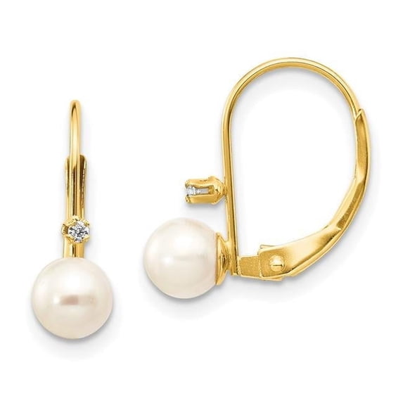 14k Gold 5-6mm Round Freshwater Cultured Pearl .02 ct. Diamond Leverback Earrings