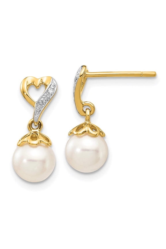 14k 6-7mm White Round Freshwater Cultured Pearl and .01 carat Diamond Heart Dangle Post Earrings XE2499AA