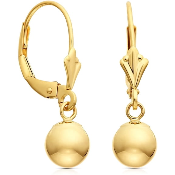 14k Gold Polished Ball Drop and Dangle Earrings with Leverback, 6mm