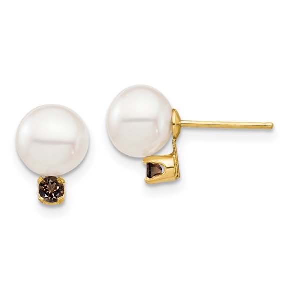 14k Gold 7-7.5mm White Round Freshwater Cultured Pearl Smokey Quartz Post Earrings