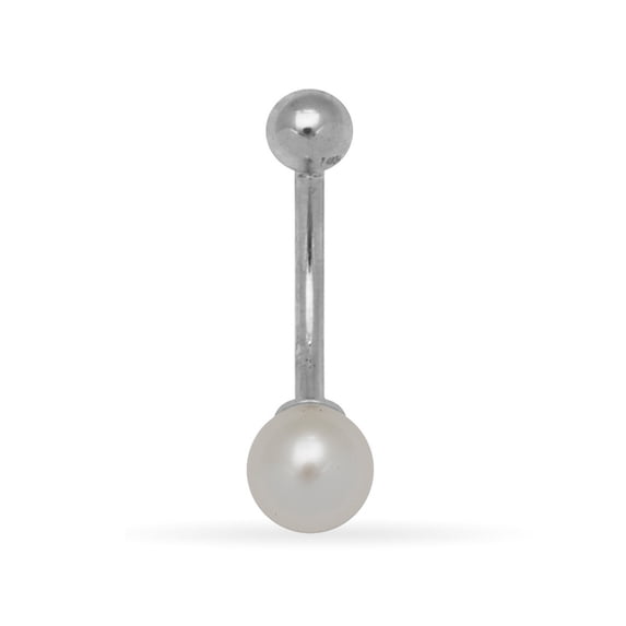 Solid 14k Yellow or White Gold 14G 7mm Cultured Pearl Curved Belly Button Ring Body Piercing Ring for Women