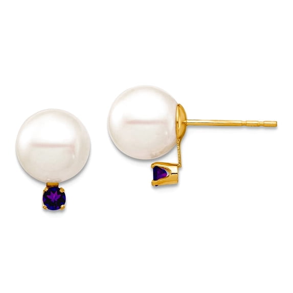 14k Solid Gold 8-8.5mm White Round Freshwater Cultured Pearl Amethyst Post Earrings 10.93mm long Stud Earring for Women