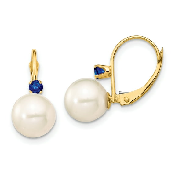 14k 8-8.5mm White Round Freshwater Cultured Pearl and .18SA Sapphire Leverback Earrings XF752E/S