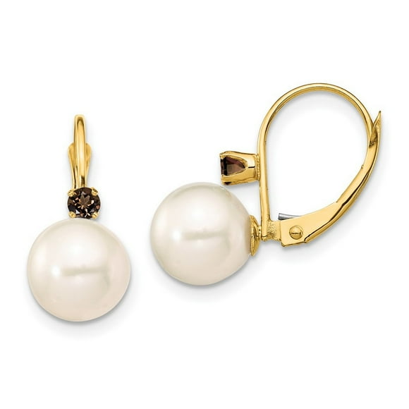 14k Gold 8 8.5mm White Round Freshwater Cultured Pearl Smokey Quartz Leverback Earrings Measures 19.18m Jewelry for Wome