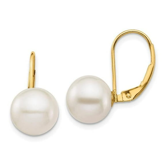 14K 9-10mm White Round Freshwater Cultured Pearl Leverback Earrings XF717E