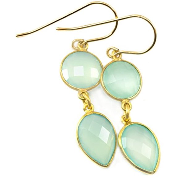 14k Gold Aqua Blue Chalcedony Earrings Faceted Goldtone Bezel Set Double Hung Long Teardrops Designed for Adult Women