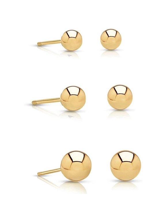 14k Gold Ball Stud 3 Pair Earrings Set 3mm, 4mm, 5mm