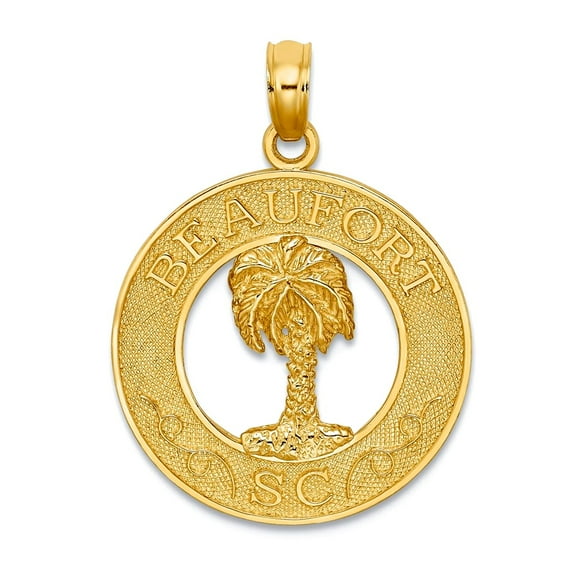 14k Gold Beaufort Sc Round Frame With Palm Tree Center Charm 24.1x18.7mm Wide 0.7mm Thick Pendant Necklace for Women