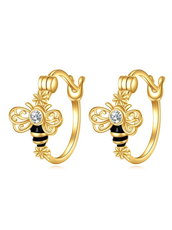 14k Gold Bee Earrings Yellow Gold Bee Hoop Earrings Gold Earrings Hoops Jewelry Gifts for Women