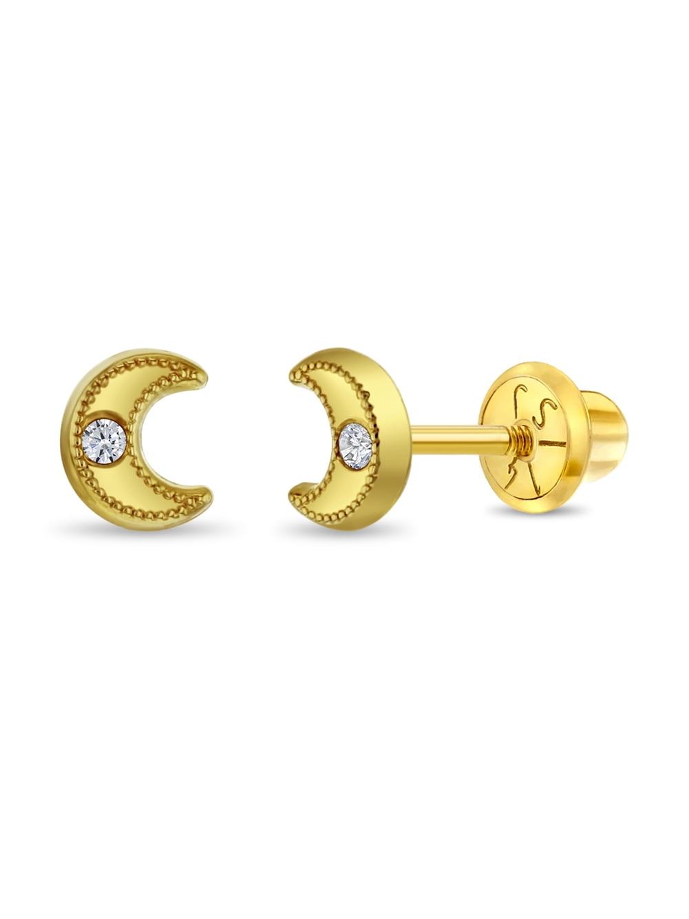 14k Gold Bezel Moon Clear CZ Baby / Toddler / Kids Earrings Safety Screw Back