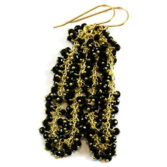 14k Gold Black Rondelle Earrings Faceted Long Cluster Goldtone Wired Accents 2.5 Inches Designed for Adult Women