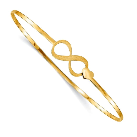 14k Solid Yellow Gold Brushed and Polished Infinity Love Heart Pendant Necklace Slip Bangle Bracelet 8mm Wide Cuff Brace