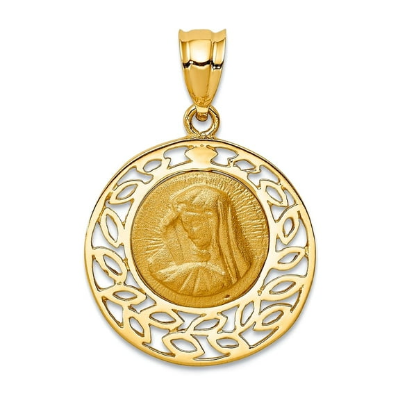 14k Solid Yellow Gold Brushed and Polished Virgin Mary Pendant Necklace 26x17.8mm Wide Pendant for Women