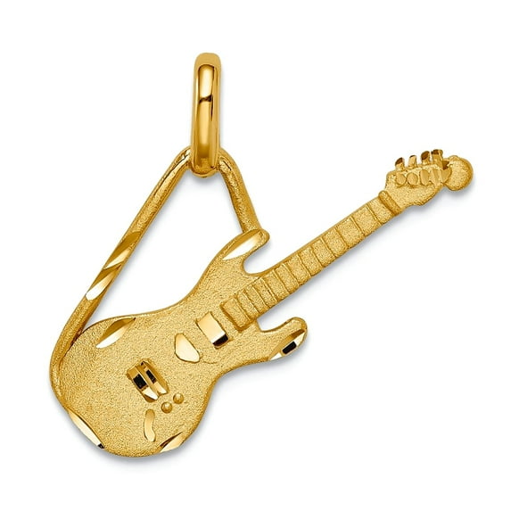14k Solid Yellow Gold Brushed and Sparkle-Cut Guitar Pendant Necklace 18x20mm Wide Pendant for Women