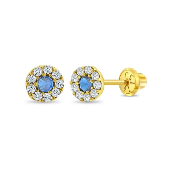 14k Gold CZ Burst Blue Kids / Children's / Girls Earrings Safety Screw Back