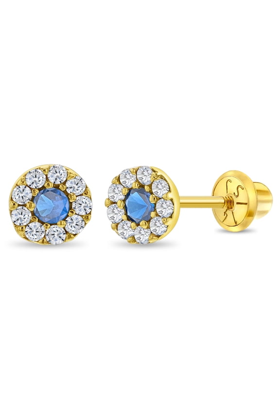 14k Gold CZ Burst Blue Kids / Children's / Girls Earrings Safety Screw Back