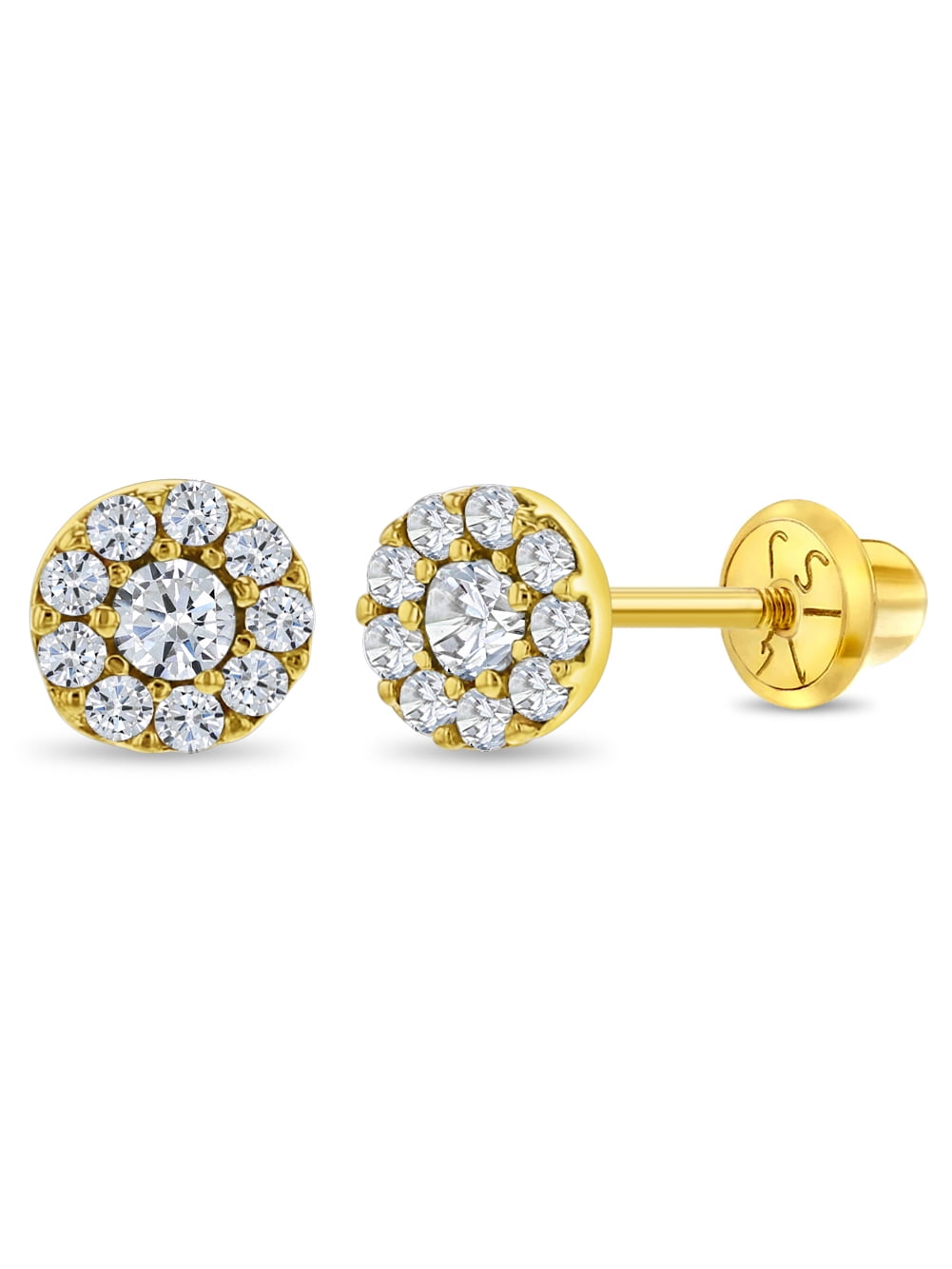 14k Gold CZ Burst Clear Kids / Children's / Girls Earrings Safety Screw Back