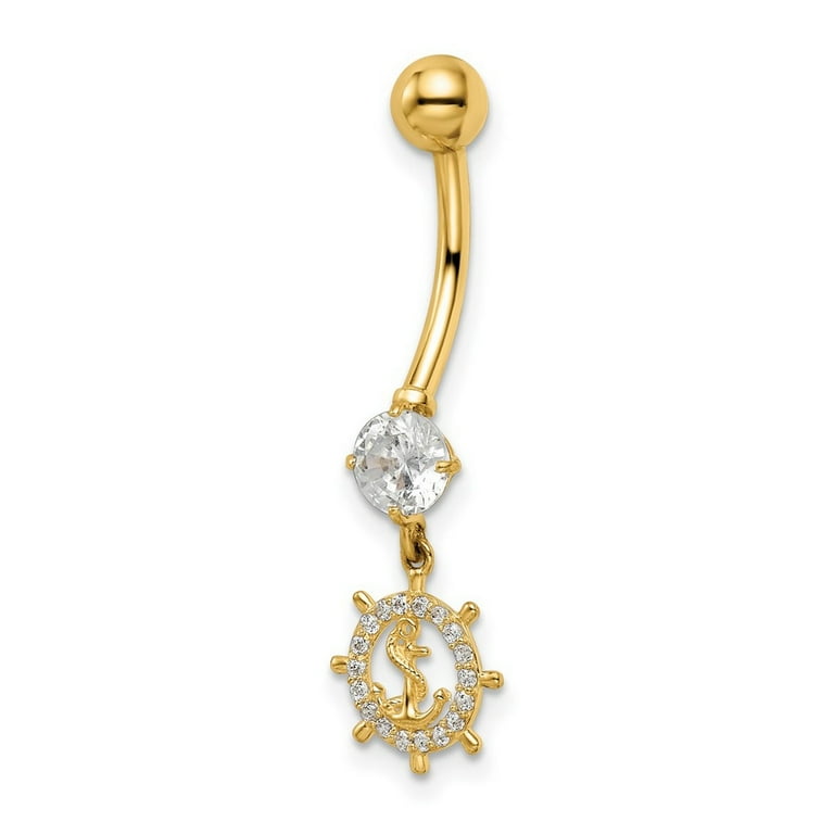 14k Yellow Gold CZ Anchor and Ships Wheel Belly Ring 14k Yellow Gold CZ Anchor and Ships Wheel Belly Ring