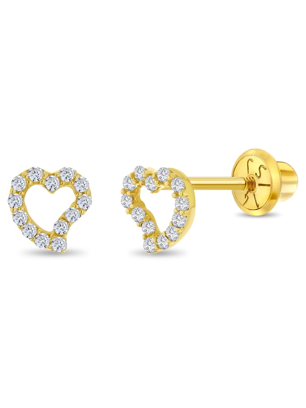 14k Gold CZ Encrusted Heart Clear Baby / Kids Earrings Safety Screw Back