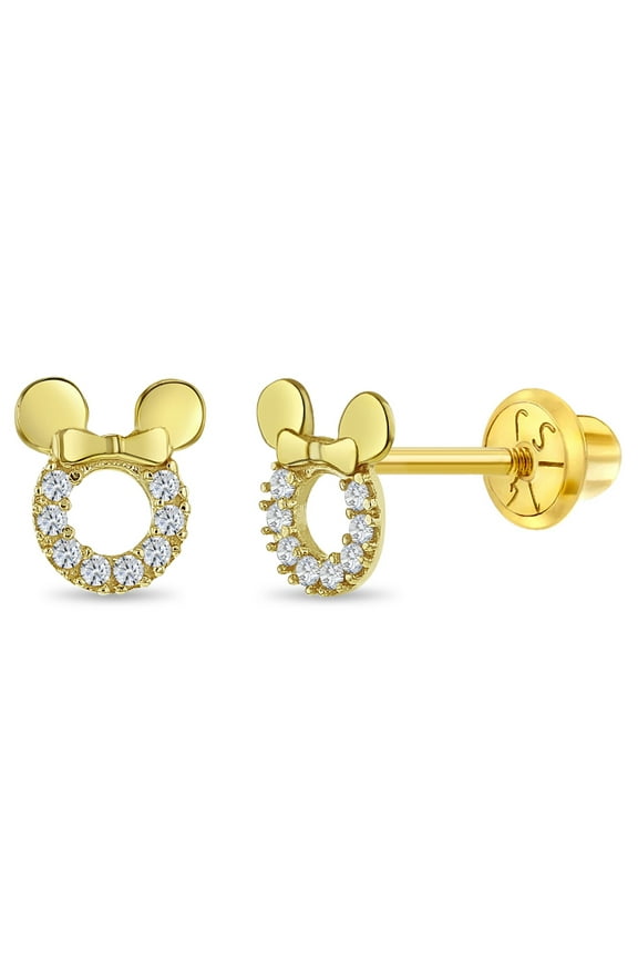 14k Gold CZ Encrusted Mouse Kids / Children's / Girls Earrings Safety Screw Back