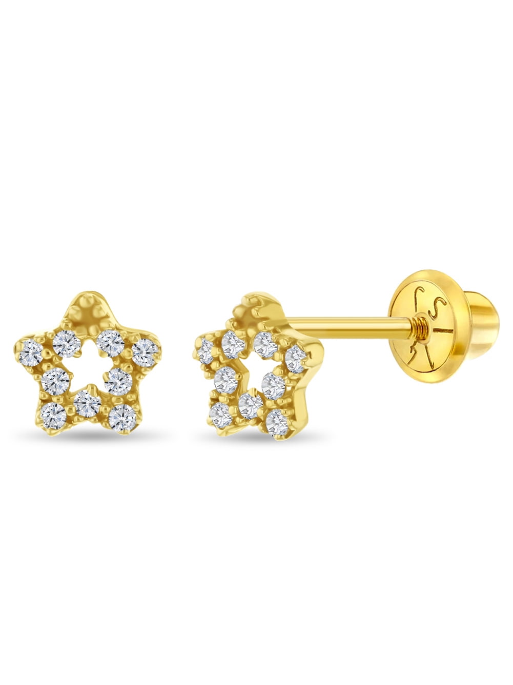 14k Gold CZ Encrusted Star Clear Baby / Kids Earrings Safety Screw Back
