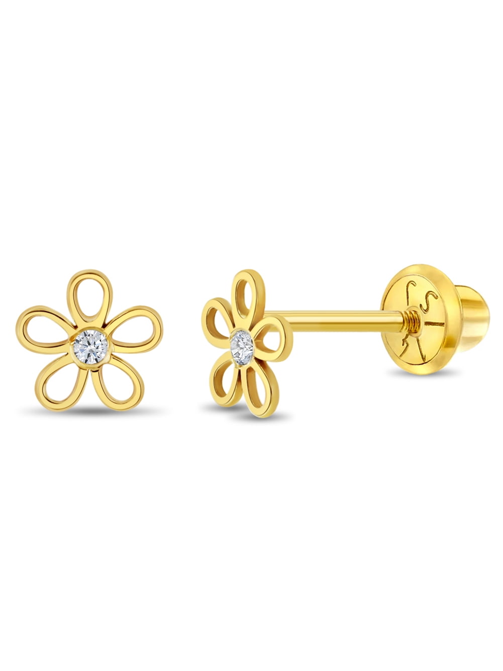 14k Gold CZ Flower Clear Toddler / Kids / Girls Earrings Safety Screw Back