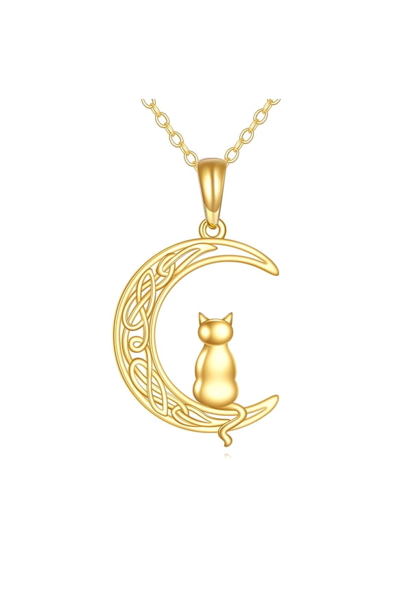 14k Gold Cat and Moon Pendant Necklace for Women 14 Karat Gold Pendant Jewelry Birthday Gifts