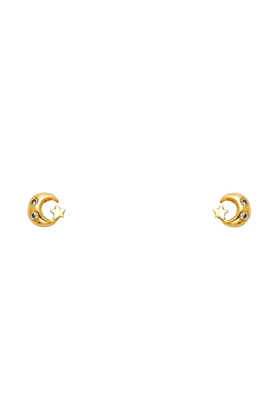 14k Gold Celestial Moon and Star Cubic Zirconia Screw Stud Earrings Stud Earring for Women