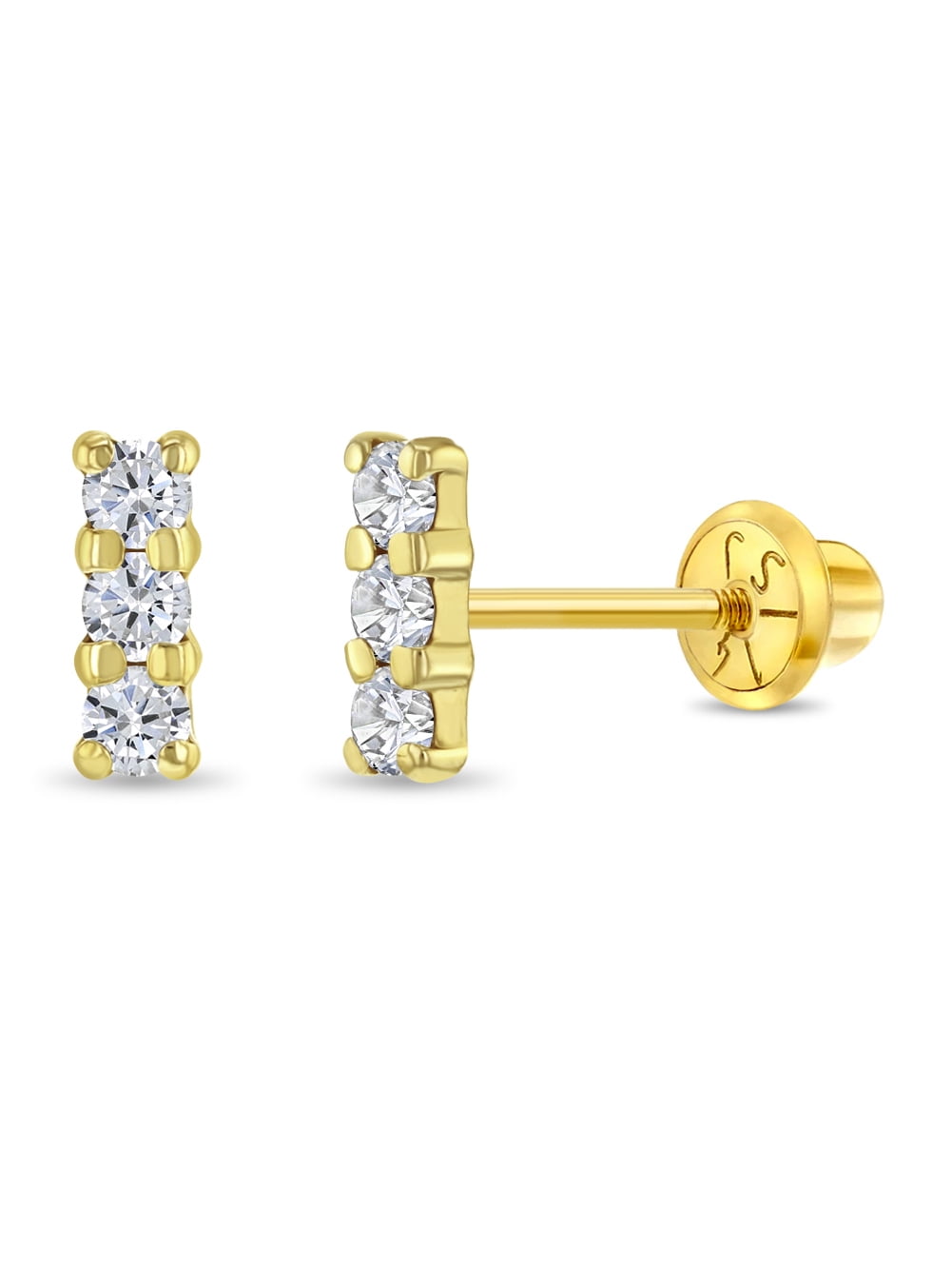 14k Gold Clear CZ Bar Toddler / Kids / Girls Earrings Safety Screw Back