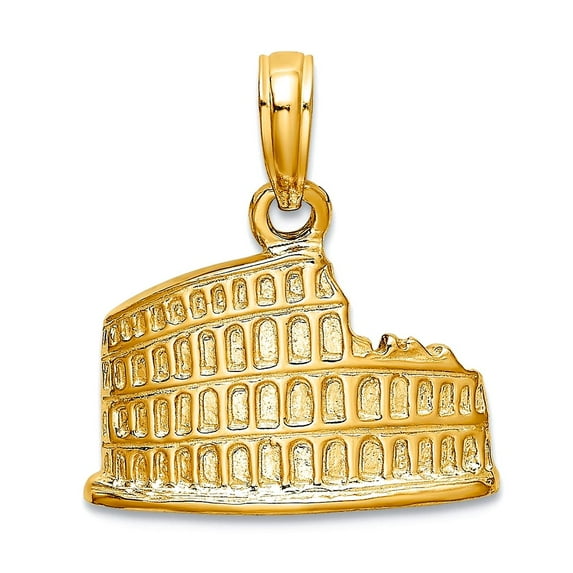 14k Gold Coliseum Pendant Necklace Textured and 2-d / Rome Italy 16.95x16.4mm Wide 3.9mm Thick Pendant for Women